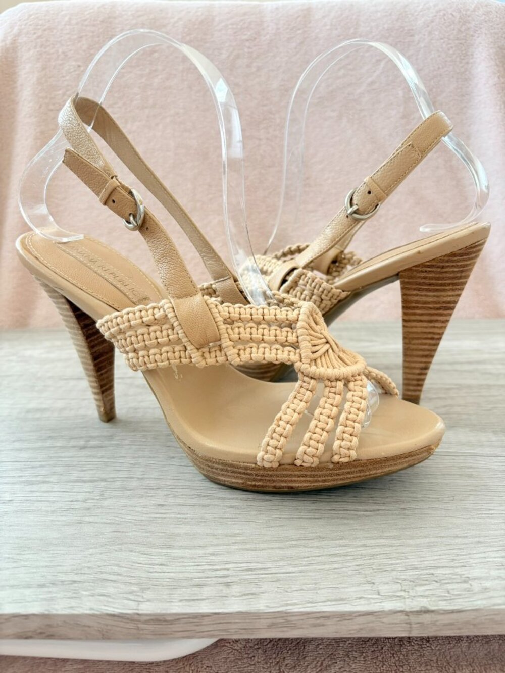Banana Republic Reese Woven Macramé Strappy 4.25" Stacked Cone Heel Sandal 8